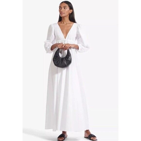 STAUD White V-Neck Maxi Dress with Puff Sleeves - Picture 4 of 15